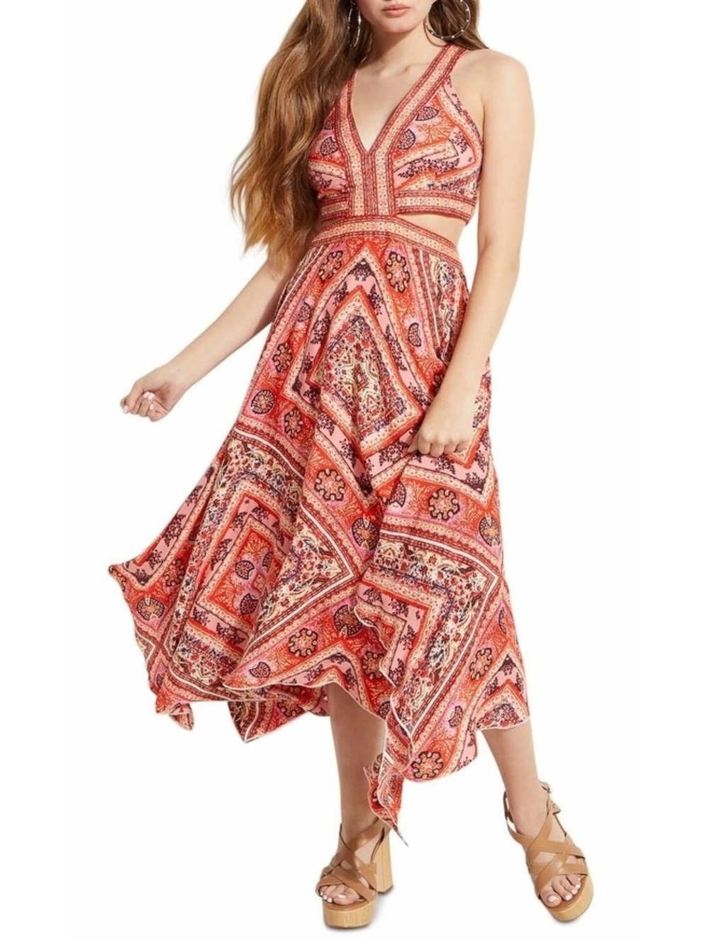 GUESS Boho Scarf Print Cutout Handkerchief Midi Dress Size M